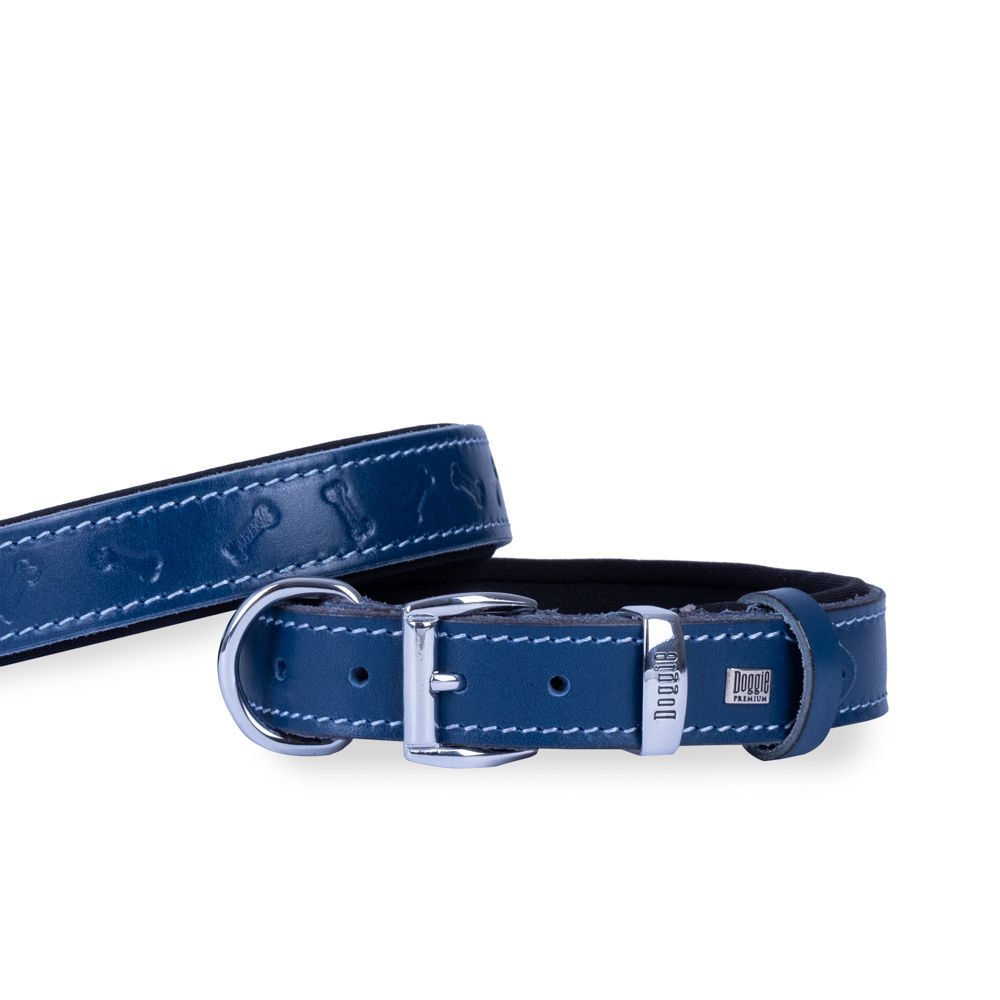 Doggie Konforlu Gerçek Deriden El Yapımı Kemik Desenli Köpek Boyun Tasması 3x42-50cm - Royal Blue