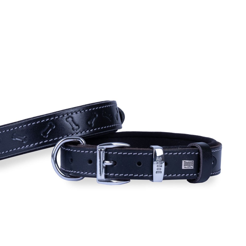 Doggie Konforlu Gerçek Deriden El Yapımı Kemik Desenli Köpek Boyun Tasması 3x42-50cm - Black