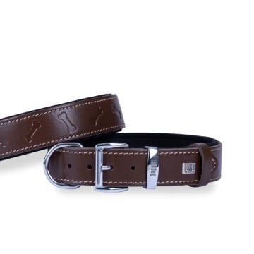 Doggie Konforlu Gerçek Deriden El Yapımı Kemik Desenli Köpek Boyun Tasması 3,5x47-55cm - Brown