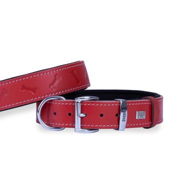 Doggie Konforlu Gerçek Deriden El Yapımı Kemik Desenli Köpek Boyun Tasması 3,5x47-55cm - Red