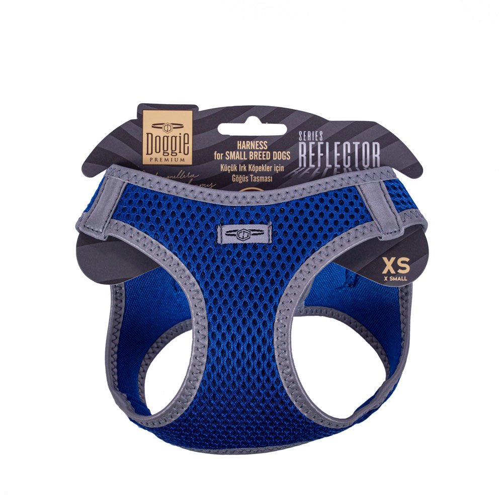 Doggie Havalı Dokumadan Reflektör Serisi El Yapımı Küçük Irk Köpek Göğüs Tasması XS 30-34cm - Blue