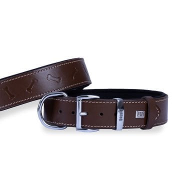 Doggie Konforlu Gerçek Deriden El Yapımı Kemik Desenli Köpek Boyun Tasması 4x52-60cm - Brown