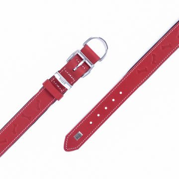 Doggie Konforlu Gerçek Deriden El Yapımı Kemik Desenli Köpek Boyun Tasması 4x52-60cm - Red