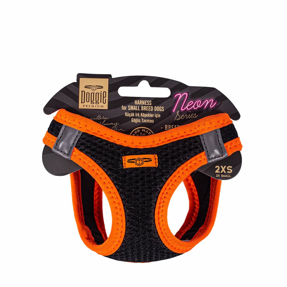 Doggie Havalı Dokumadan Neon Serisi El Yapımı Küçük Irk Köpek Göğüs Tasması 2XS 26-30cm - Orange