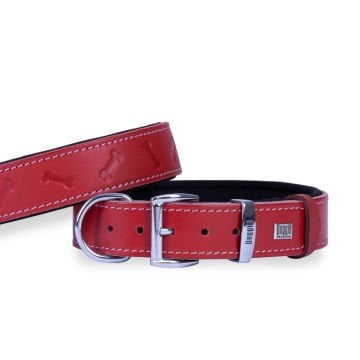 Doggie Konforlu Gerçek Deriden El Yapımı Kemik Desenli Köpek Boyun Tasması 3,5x52-60cm - Red