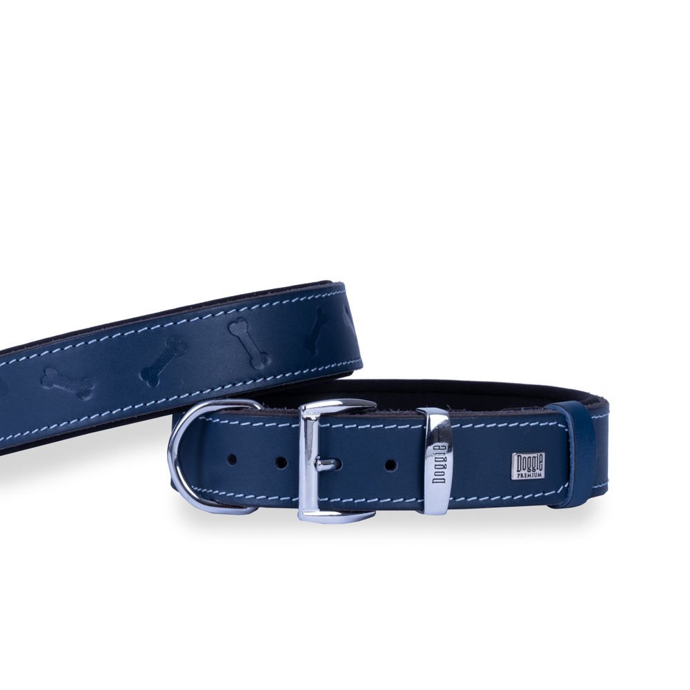 Doggie Konforlu Gerçek Deriden El Yapımı Kemik Desenli Köpek Boyun Tasması 3,5x52-60cm - Royal Blue