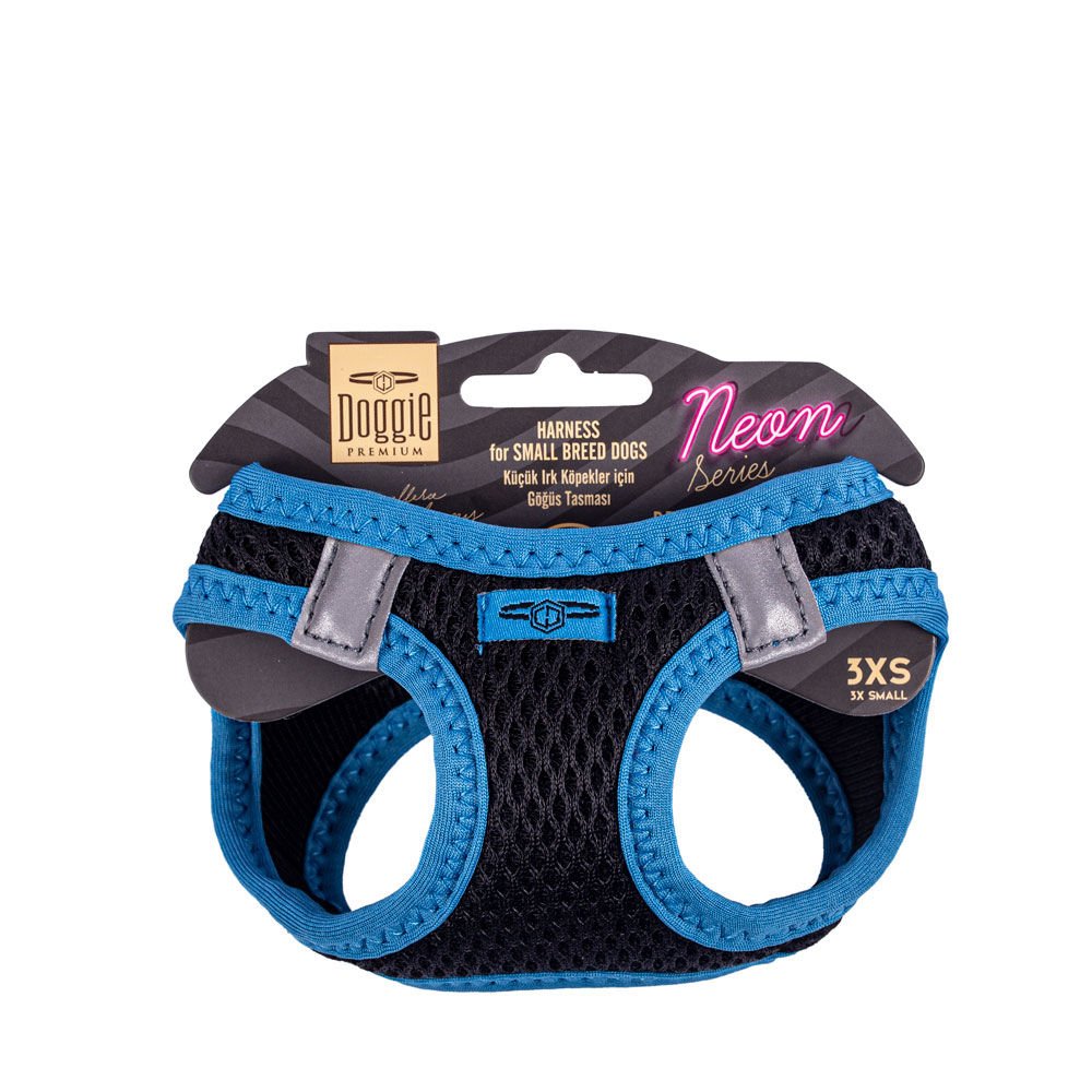 Doggie Havalı Dokumadan Neon Serisi El Yapımı Küçük Irk Köpek Göğüs Tasması 3XS 22-26cm - Blue