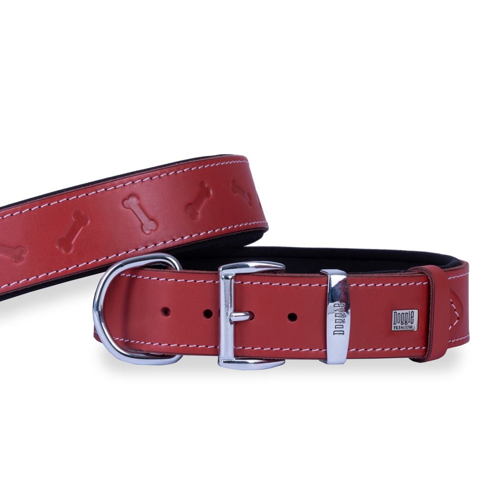 Doggie Konforlu Gerçek Deriden El Yapımı Kemik Desenli Köpek Boyun Tasması 4x57-65cm - Red