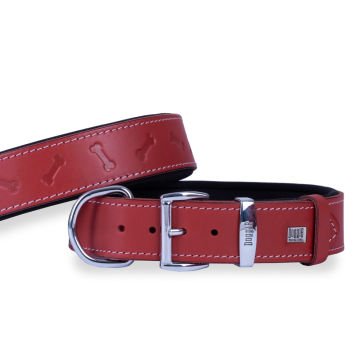 Doggie Konforlu Gerçek Deriden El Yapımı Kemik Desenli Köpek Boyun Tasması 4x57-65cm - Red