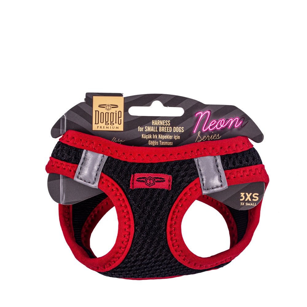 Doggie Havalı Dokumadan Neon Serisi El Yapımı Küçük Irk Köpek Göğüs Tasması 3XS 22-26cm - Red