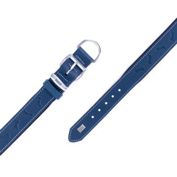 Doggie Konforlu Gerçek Deriden El Yapımı Kemik Desenli Köpek Boyun Tasması 4x57-65cm - Royal Blue