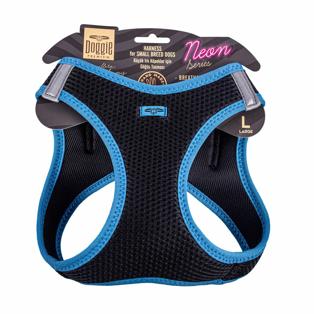 Doggie Havalı Dokumadan Neon Serisi El Yapımı Küçük Irk Köpek Göğüs Tasması L 42-48cm - Blue