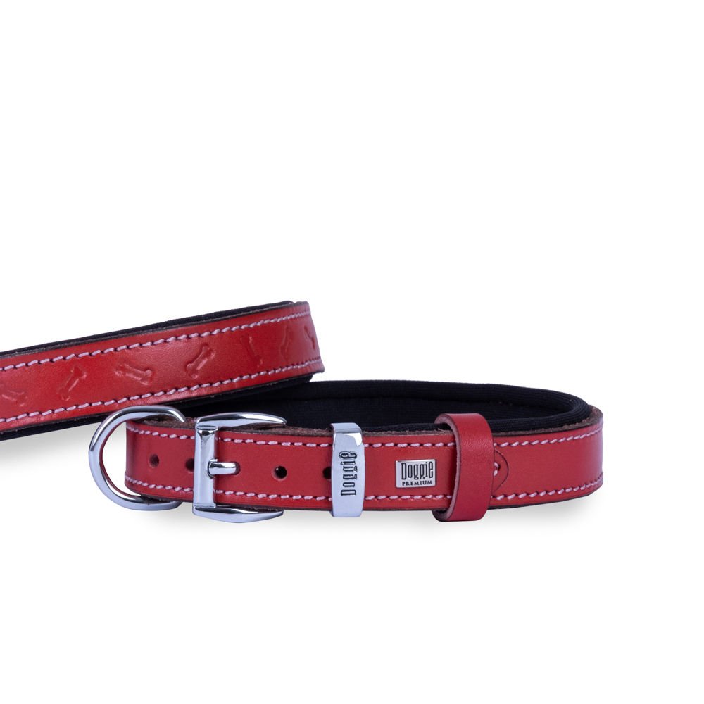 Doggie Konforlu Gerçek Deriden El Yapımı Kemik Desenli Köpek Boyun Tasması 2x30-35cm - Red