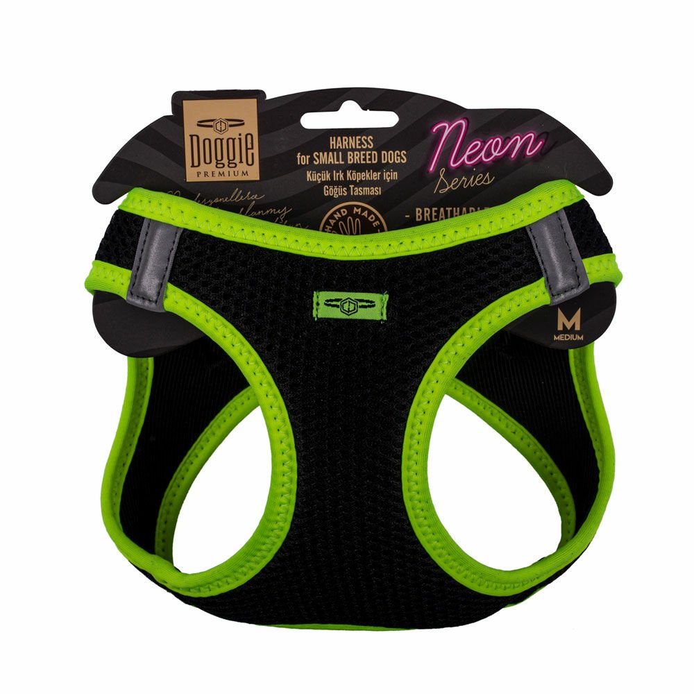 Doggie Havalı Dokumadan Neon Serisi El Yapımı Küçük Irk Köpek Göğüs Tasması M 38-44cm - Yellow