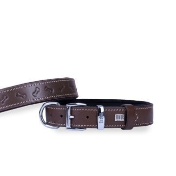 Doggie Konforlu Gerçek Deriden El Yapımı Kemik Desenli Köpek Boyun Tasması 2,5x37-45cm - Brown