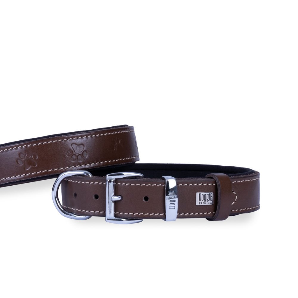 Doggie Konforlu Gerçek Deriden El Yapımı Pati Desenli Köpek Boyun Tasması 3x42-50cm - Brown