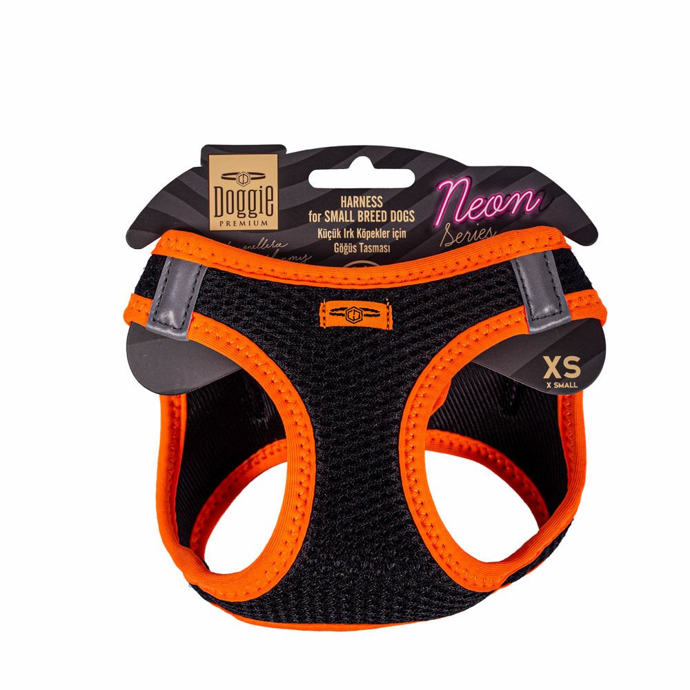 Doggie Havalı Dokumadan Neon Serisi El Yapımı Küçük Irk Köpek Göğüs Tasması XS 30-34cm - Orange