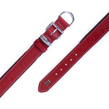 Doggie Konforlu Gerçek Deriden El Yapımı Pati Desenli Köpek Boyun Tasması 3x42-50cm - Red