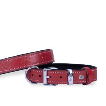 Doggie Konforlu Gerçek Deriden El Yapımı Pati Desenli Köpek Boyun Tasması 3x42-50cm - Red