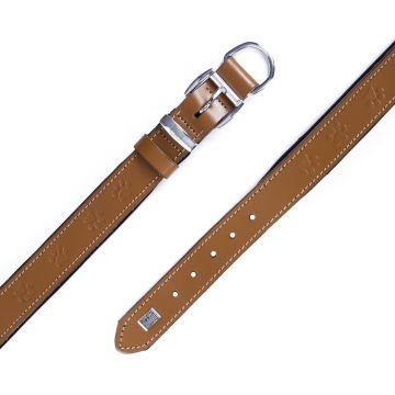 Doggie Konforlu Gerçek Deriden El Yapımı Pati Desenli Köpek Boyun Tasması 3,5x47-55cm - Camel