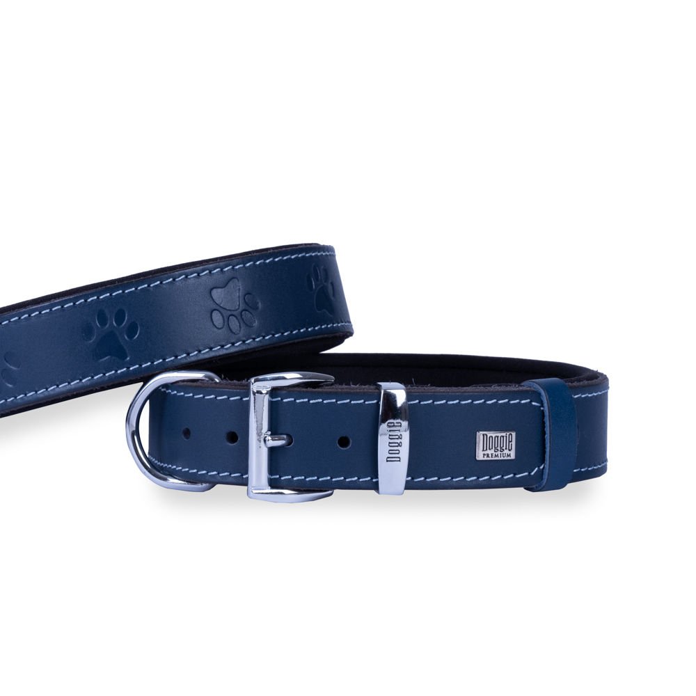 Doggie Konforlu Gerçek Deriden El Yapımı Pati Desenli Köpek Boyun Tasması 3,5x47-55cm - Royal Blue
