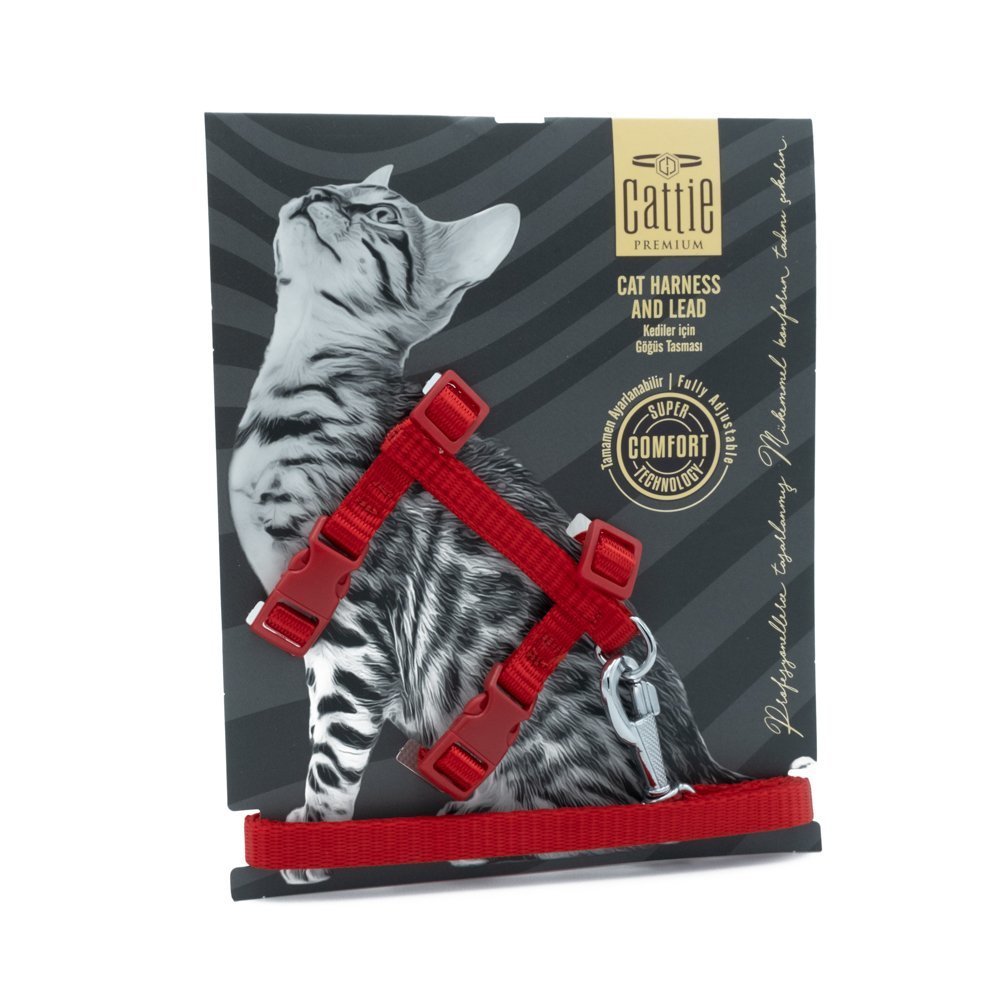 Cattie Dokumadan El Yapımı Kedi Göğüs & Gezdirme Takımı 1x25-40cm - Red