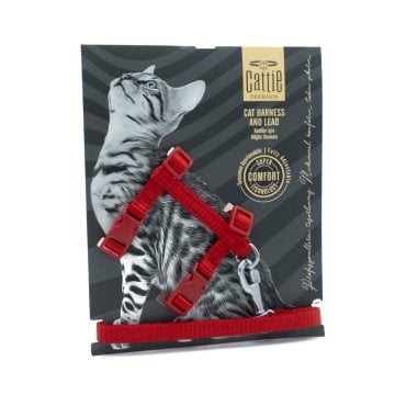 Cattie Dokumadan El Yapımı Kedi Göğüs & Gezdirme Takımı 1x25-40cm - Red