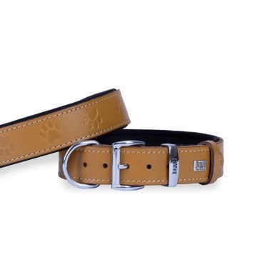 Doggie Konforlu Gerçek Deriden El Yapımı Pati Desenli Köpek Boyun Tasması 3,5x52-60cm - Camel
