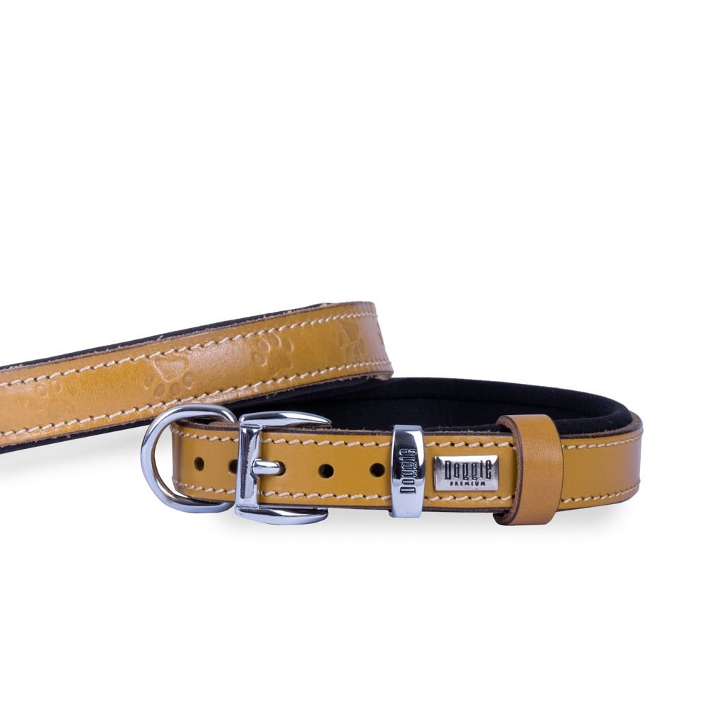 Doggie Konforlu Gerçek Deriden El Yapımı Pati Desenli Köpek Boyun Tasması 2x30-35cm - Camel