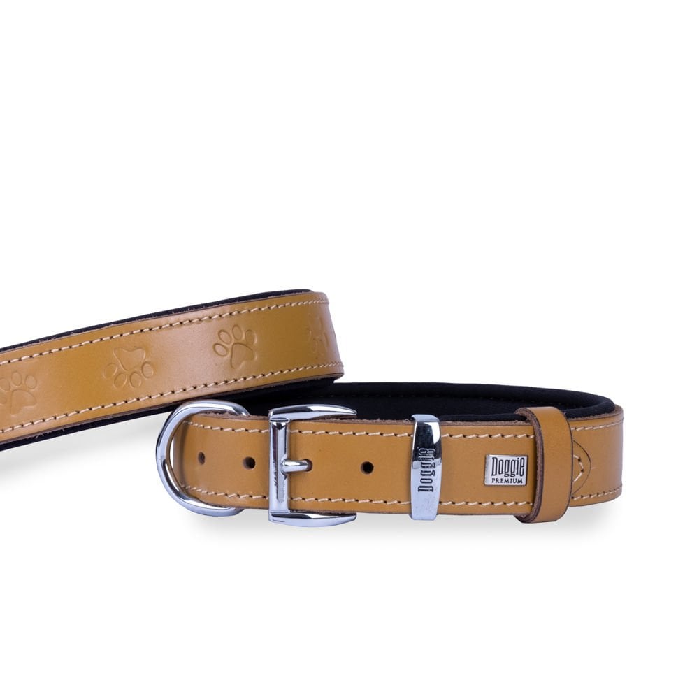 Doggie Konforlu Gerçek Deriden El Yapımı Pati Desenli Köpek Boyun Tasması 2,5x37-45cm - Camel