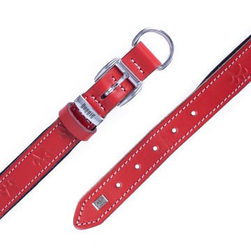 Doggie Konforlu Gerçek Deriden El Yapımı Pati Desenli Köpek Boyun Tasması 2,5x37-45cm - Red