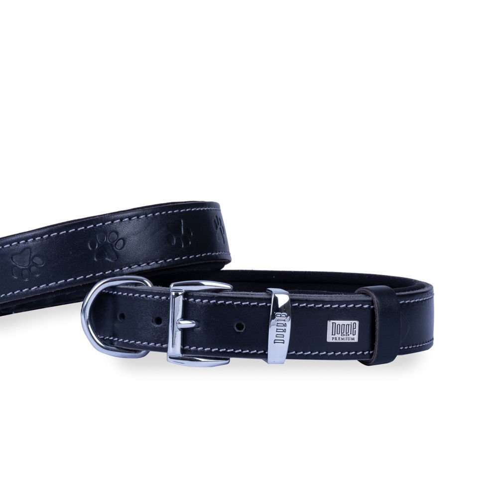 Doggie Konforlu Gerçek Deriden El Yapımı Pati Desenli Köpek Boyun Tasması 2,5x37-45cm - Black