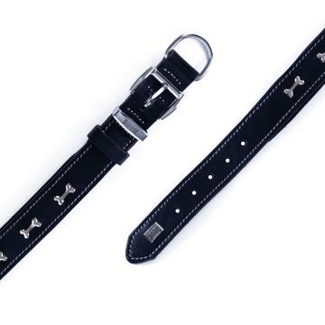 Doggie Konforlu Gerçek Deriden El Yapımı Kemik Süslü Köpek Boyun Tasması 3,5x52-60cm - Black
