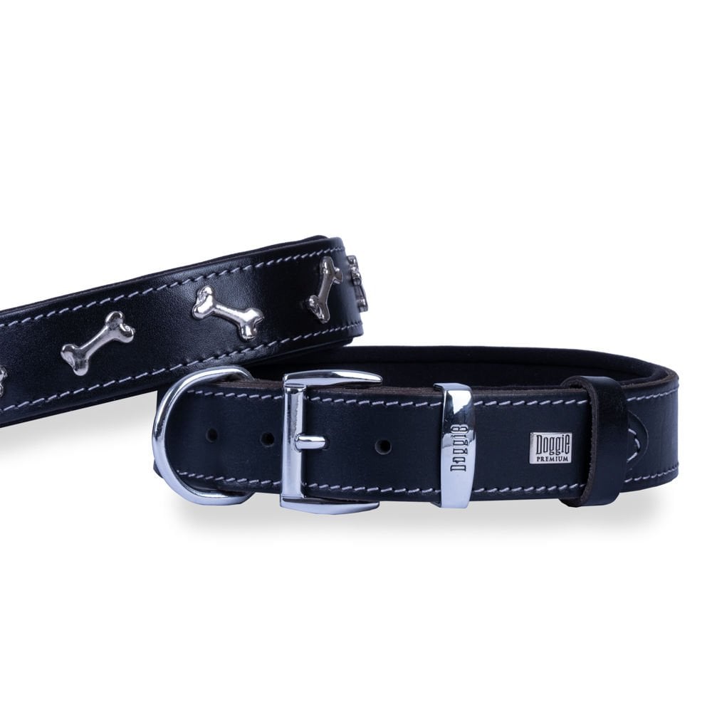 Doggie Konforlu Gerçek Deriden El Yapımı Kemik Süslü Köpek Boyun Tasması 3,5x52-60cm - Black