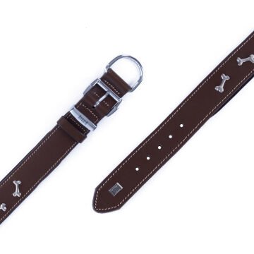 Doggie Konforlu Gerçek Deriden El Yapımı Kemik Süslü Köpek Boyun Tasması 4x57-65cm - Brown