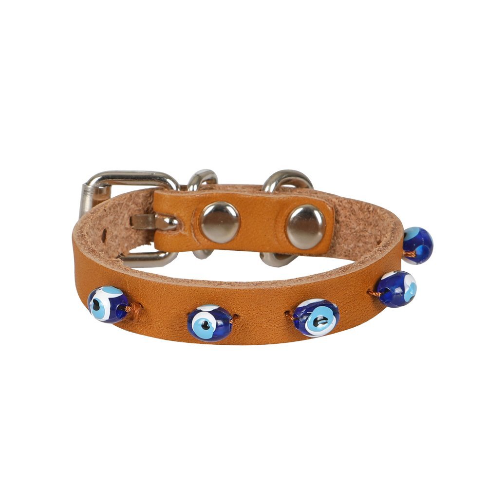 Cattie Gerçek Deriden El Yapımı Boncuklu Kedi Boyun Tasması 1x14-18cm - Camel