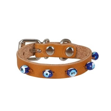Cattie Gerçek Deriden El Yapımı Boncuklu Kedi Boyun Tasması 1x14-18cm - Camel