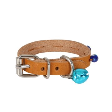 Cattie Gerçek Deriden El Yapımı Boncuklu Kedi Boyun Tasması 1x14-18cm - Camel