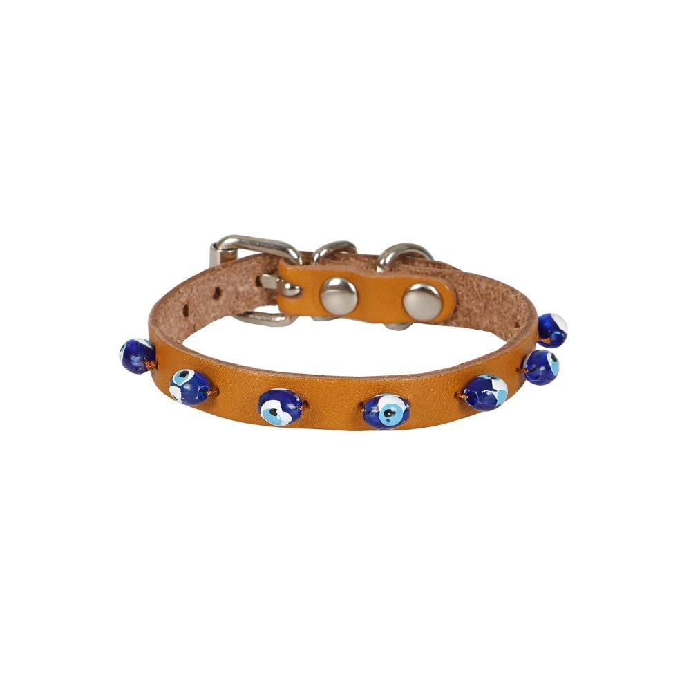 Cattie Gerçek Deriden El Yapımı Boncuklu Kedi Boyun Tasması 1x18-22cm - Camel