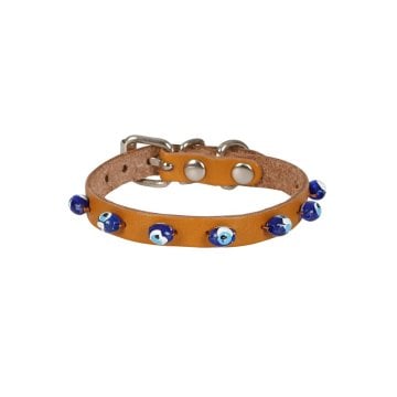Cattie Gerçek Deriden El Yapımı Boncuklu Kedi Boyun Tasması 1x18-22cm - Camel