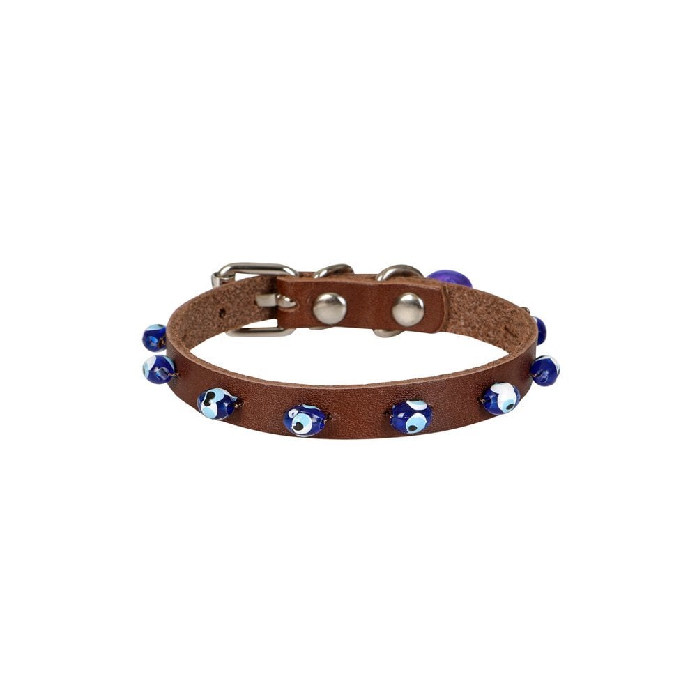 Cattie Gerçek Deriden El Yapımı Boncuklu Kedi Boyun Tasması 1x21-25cm - Brown