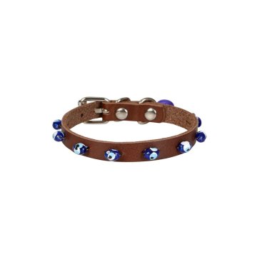 Cattie Gerçek Deriden El Yapımı Boncuklu Kedi Boyun Tasması 1x21-25cm - Brown