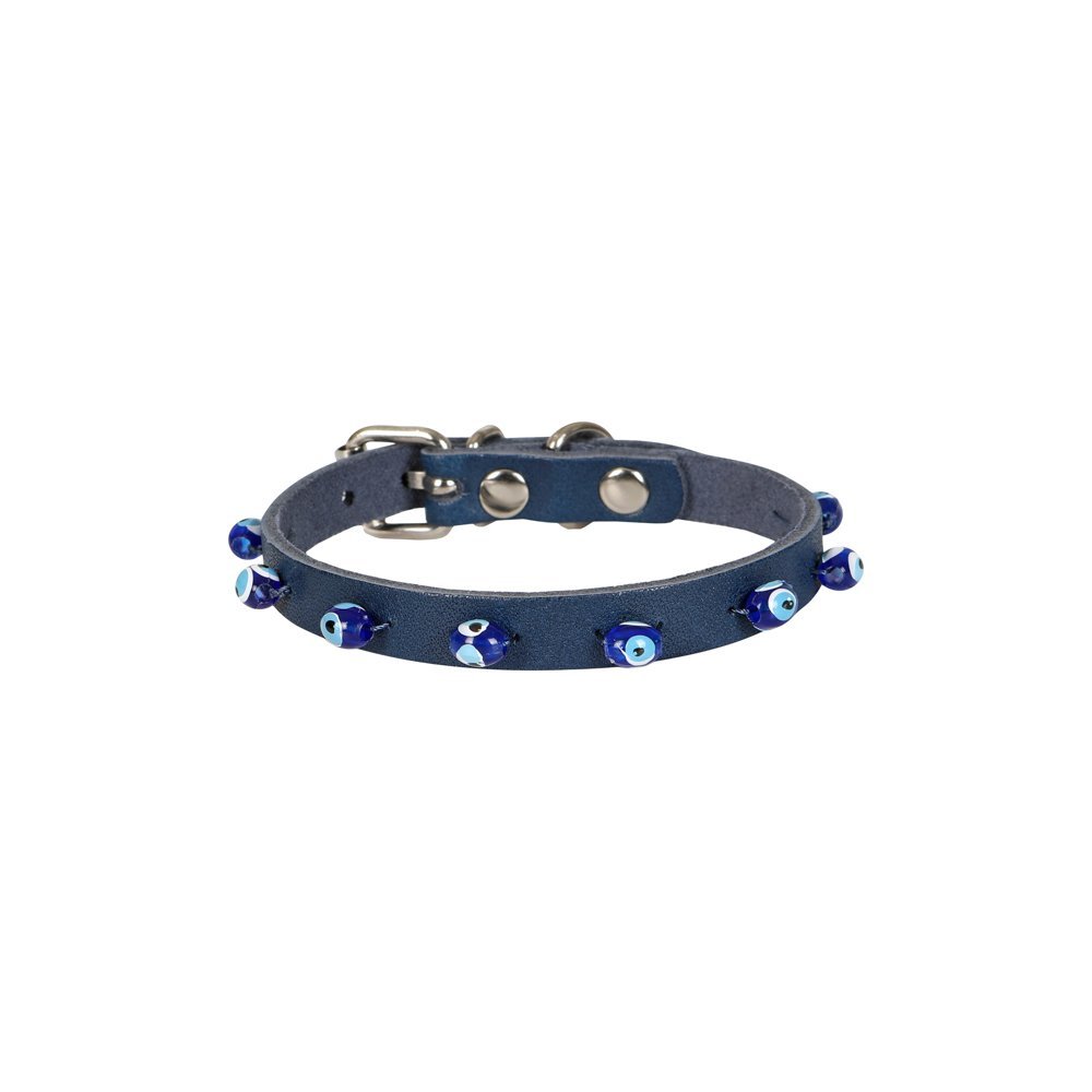 Cattie Gerçek Deriden El Yapımı Boncuklu Kedi Boyun Tasması 1x21-25cm - Royal Blue