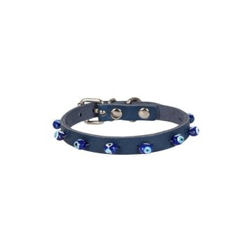 Cattie Gerçek Deriden El Yapımı Boncuklu Kedi Boyun Tasması 1x21-25cm - Royal Blue