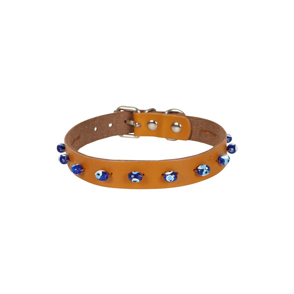 Cattie Gerçek Deriden El Yapımı Boncuklu Kedi Boyun Tasması 1,5x28-32cm - Camel