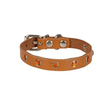 Cattie Gerçek Deriden El Yapımı Taşlı Kedi Boyun Tasması 1x18-22cm - Camel