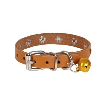 Cattie Gerçek Deriden El Yapımı Taşlı Kedi Boyun Tasması 1x18-22cm - Camel