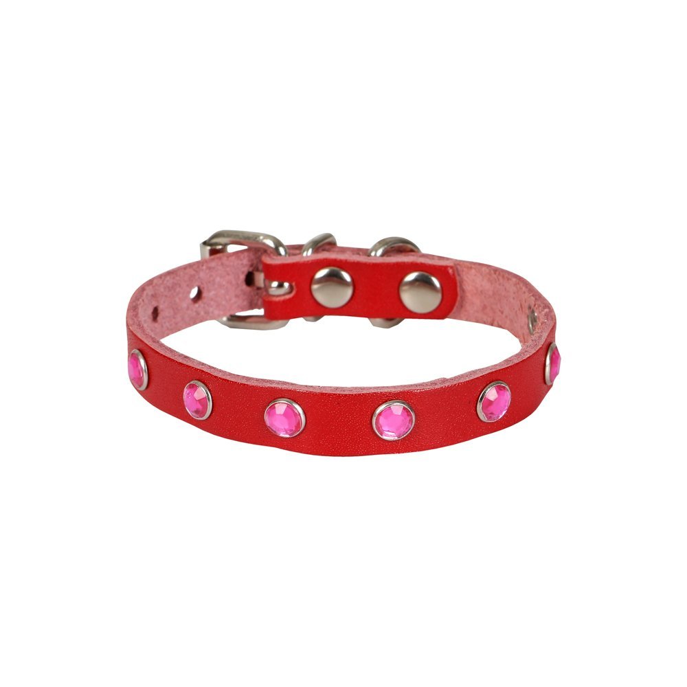Cattie Gerçek Deriden El Yapımı Taşlı Kedi Boyun Tasması 1x18-22cm - Red