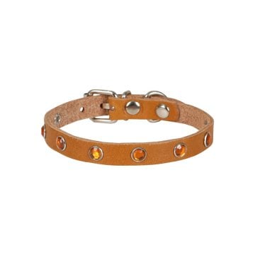 Cattie Gerçek Deriden El Yapımı Taşlı Kedi Boyun Tasması 1x21-25cm - Camel