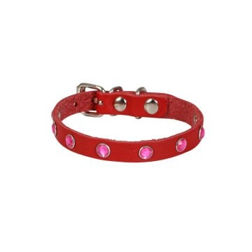 Cattie Gerçek Deriden El Yapımı Taşlı Kedi Boyun Tasması 1x21-25cm - Red